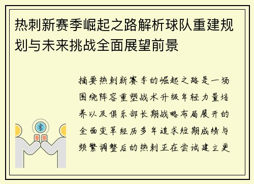 热刺新赛季崛起之路解析球队重建规划与未来挑战全面展望前景